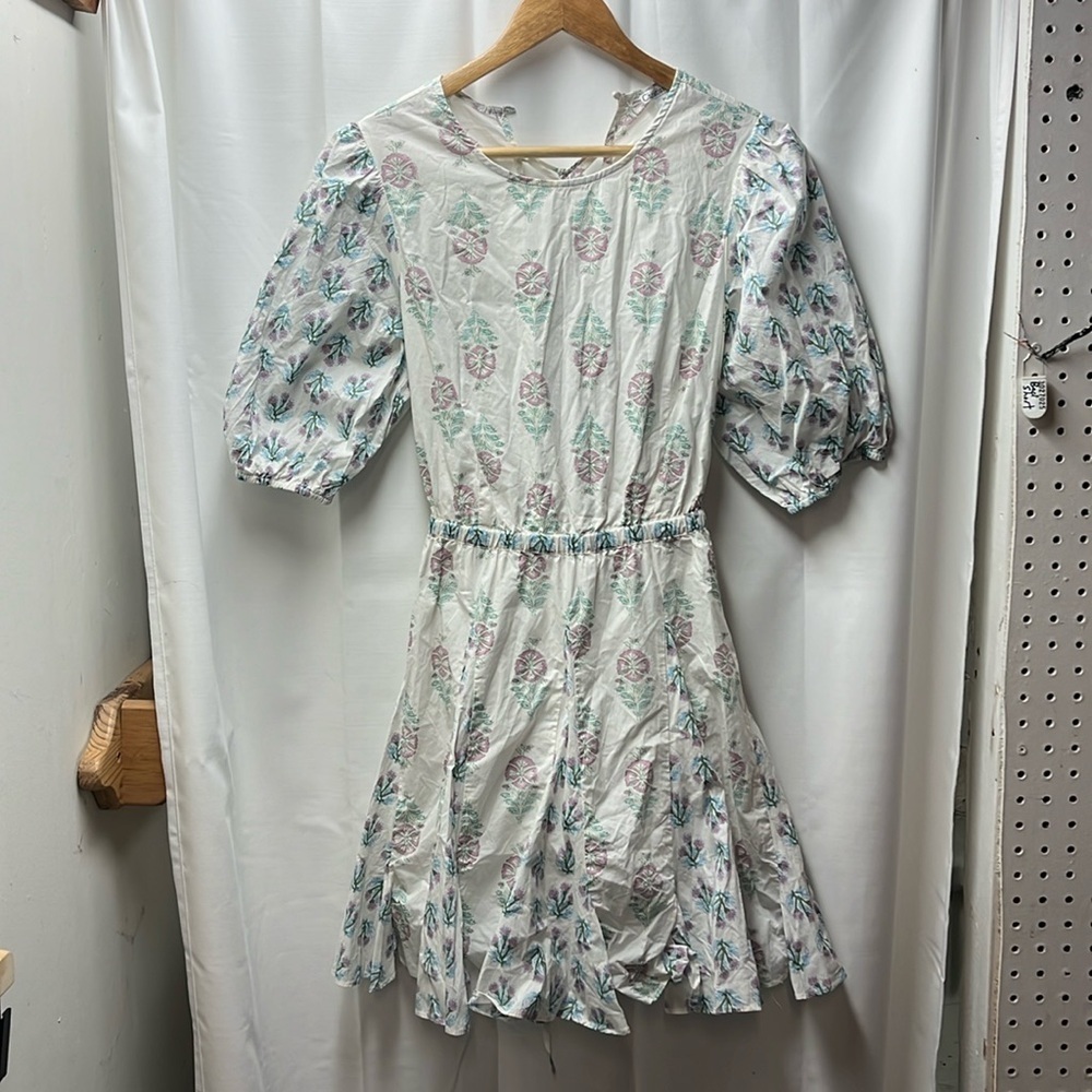 Christian Lacroix White Floral Puff Sleeve Corset Back Mini Flare Dress- S